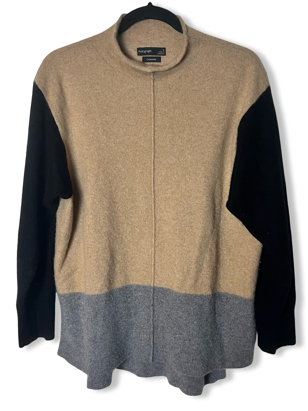 Autograph M&S‎ 100% Cashmere Colorblock Sweater Camel Black Gray Sz. L (US M)